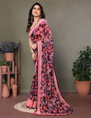 Pink heavy chiffon printed lace border saree with blouse 2
