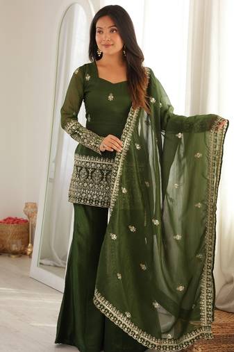 Elegant green crunchy silk embroidered kurta bell bottom palazzo dupatta festive set
