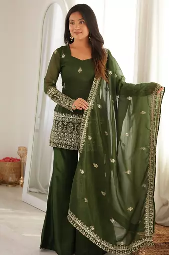 Elegant green crunchy silk embroidered kurta bell bottom palazzo dupatta festive set