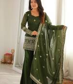 Elegant green crunchy silk embroidered kurta bell bottom palazzo dupatta festive set