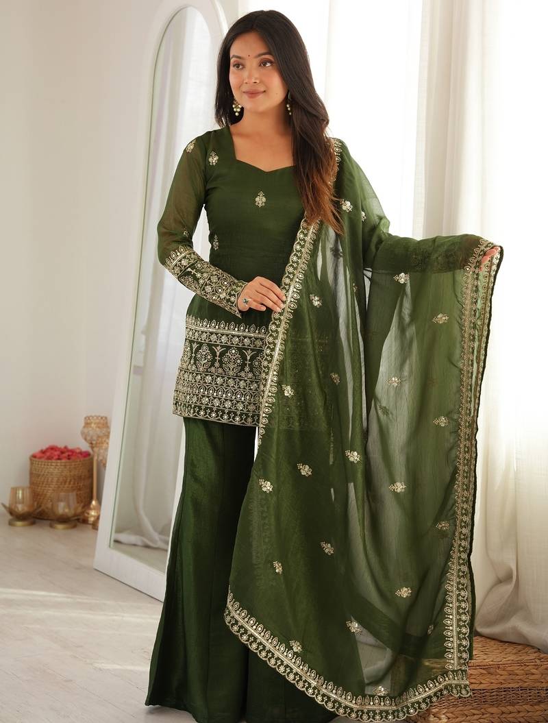 Elegant green crunchy silk embroidered kurta bell bottom palazzo dupatta festive set