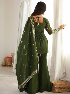Elegant green crunchy silk embroidered kurta bell bottom palazzo dupatta festive set 2
