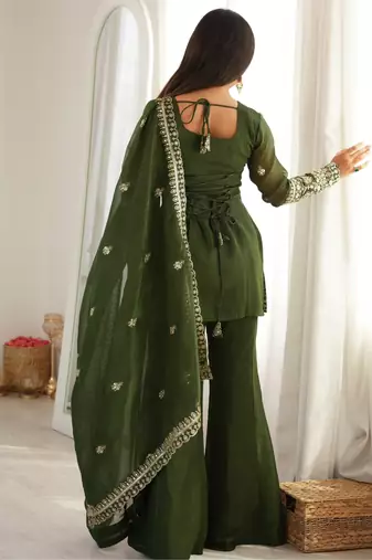 Elegant green crunchy silk embroidered kurta bell bottom palazzo dupatta festive set