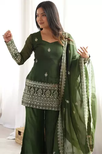 Elegant green crunchy silk embroidered kurta bell bottom palazzo dupatta festive set