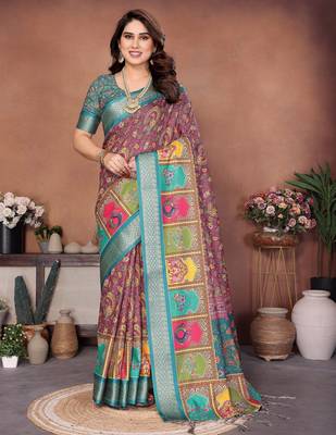 Heavy rich cotton silk digital print & jequared fancy tassel blouse 1
