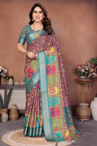 Heavy rich cotton silk digital print & jequared fancy tassel blouse