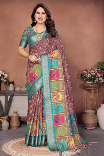 Heavy rich cotton silk digital print & jequared fancy tassel blouse