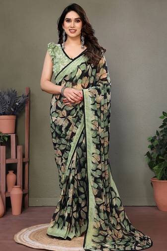 Pista heavy chiffon printed lace border saree with blouse