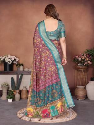 Heavy rich cotton silk digital print & jequared fancy tassel blouse 2
