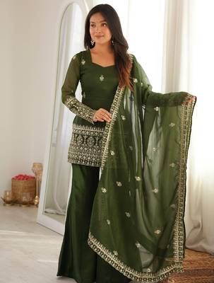Elegant green crunchy silk embroidered kurta bell bottom palazzo dupatta festive set 5