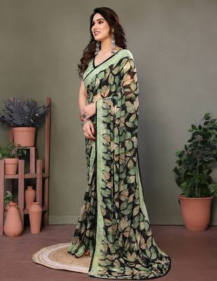 Pista heavy chiffon printed lace border saree with blouse 2