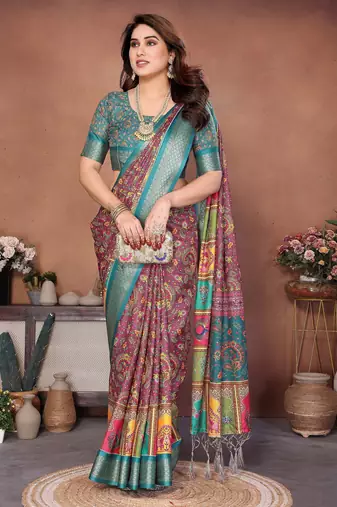 Heavy rich cotton silk digital print & jequared fancy tassel blouse