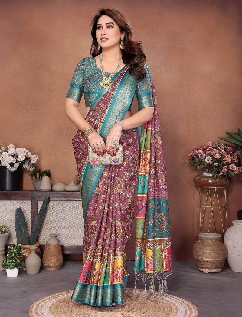 Heavy rich cotton silk digital print & jequared fancy tassel blouse