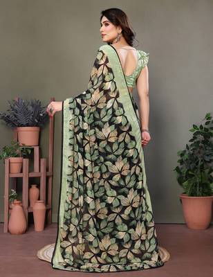 Pista heavy chiffon printed lace border saree with blouse 3