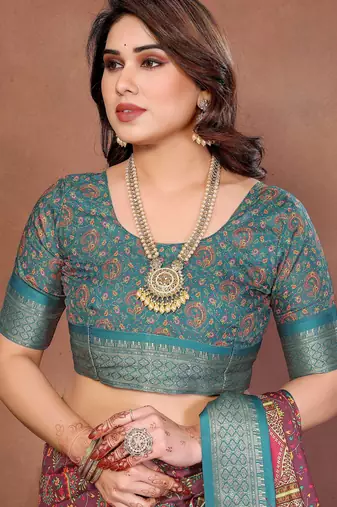 Heavy rich cotton silk digital print & jequared fancy tassel blouse