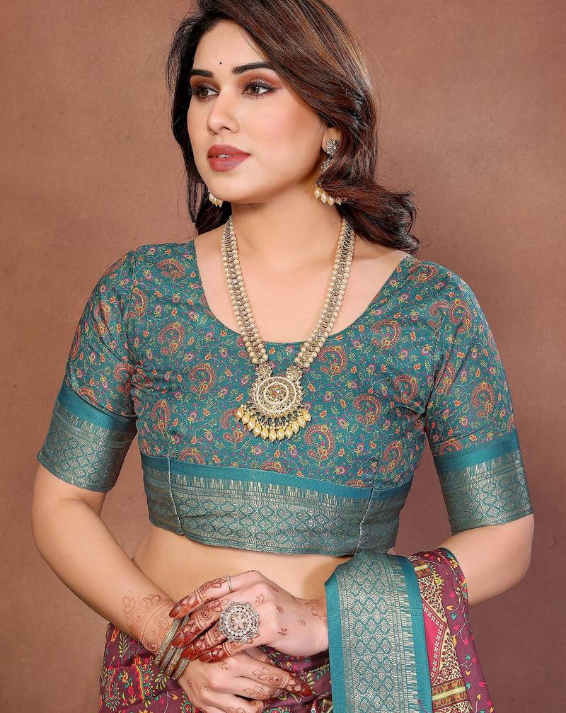 Heavy rich cotton silk digital print & jequared fancy tassel blouse