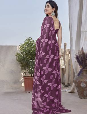 Purple heavy chiffon printed lace border saree with blouse 3