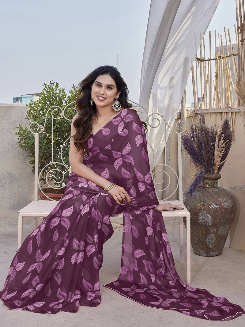 Purple heavy chiffon printed lace border saree with blouse