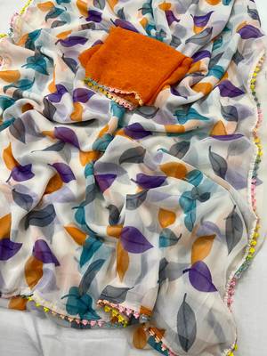 Fenta heavy chiffon printed lace border saree with blouse 5