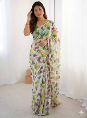 Green heavy chiffon printed lace border saree with blouse 2