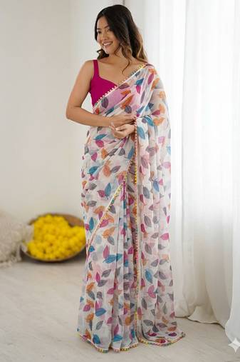 Pink heavy chiffon printed lace border saree with blouse