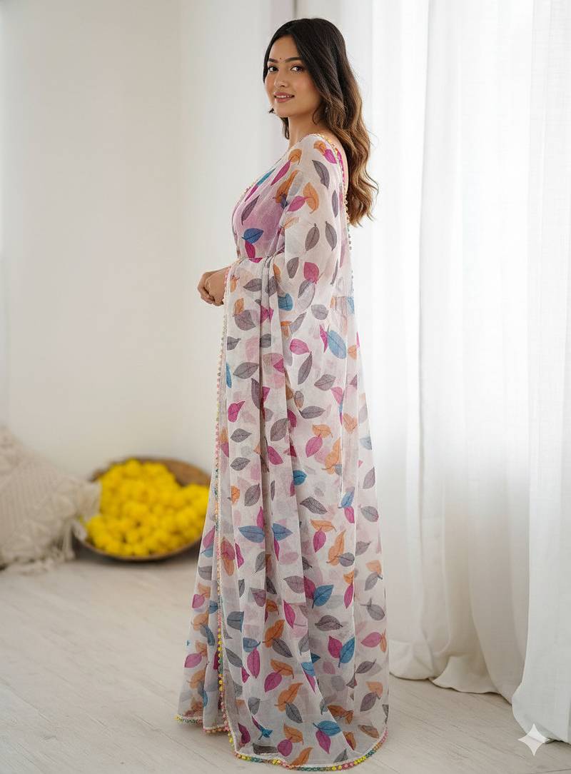 Pink heavy chiffon printed lace border saree with blouse