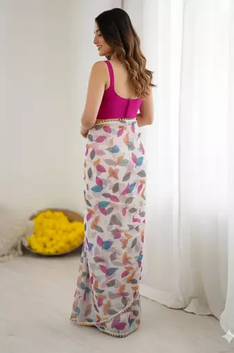 Pink heavy chiffon printed lace border saree with blouse
