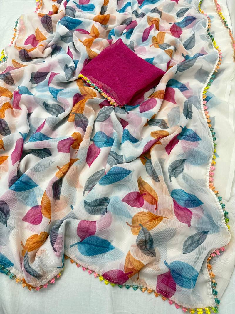 Pink heavy chiffon printed lace border saree with blouse