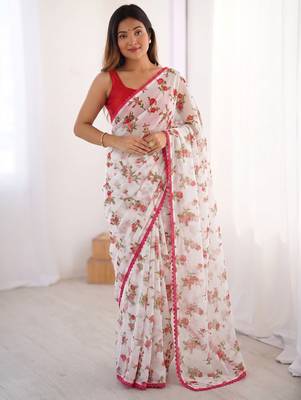 Pink heavy chiffon printed lace border saree with blouse 1