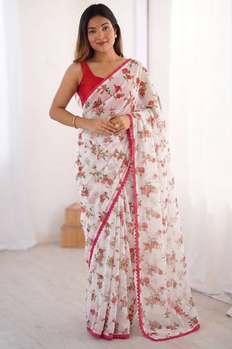 Pink heavy chiffon printed lace border saree with blouse