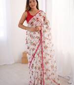 Pink heavy chiffon printed lace border saree with blouse