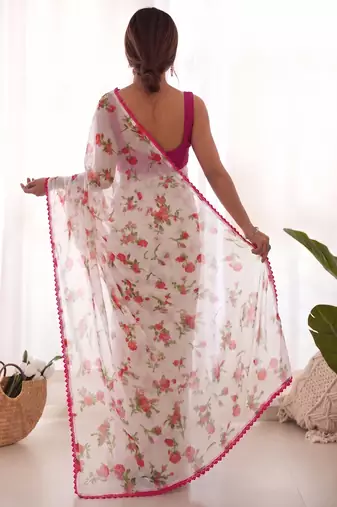 Pink heavy chiffon printed lace border saree with blouse