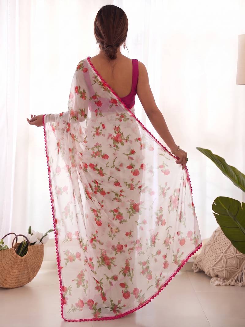 Pink heavy chiffon printed lace border saree with blouse