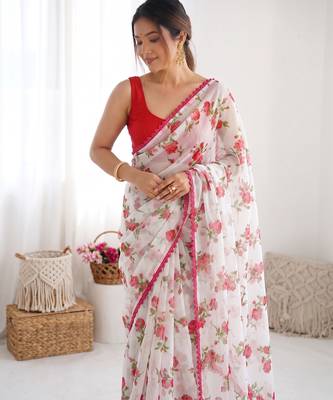 Pink heavy chiffon printed lace border saree with blouse 3