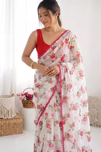Pink heavy chiffon printed lace border saree with blouse