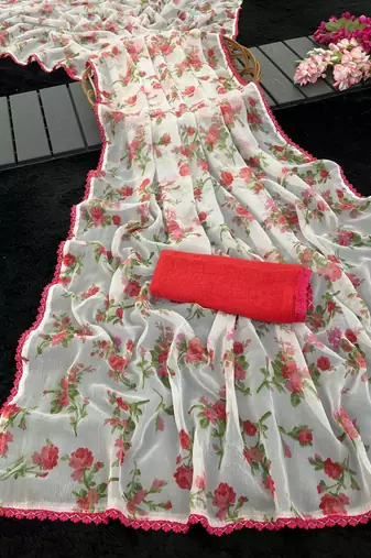 Pink heavy chiffon printed lace border saree with blouse