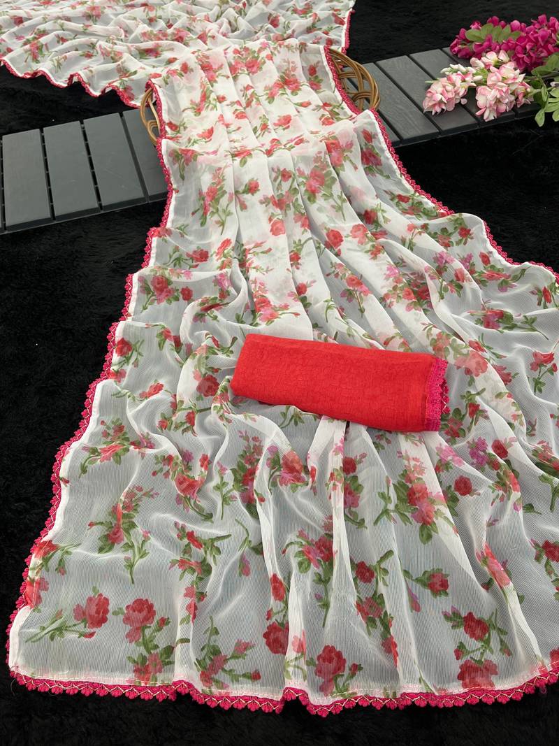 Pink heavy chiffon printed lace border saree with blouse