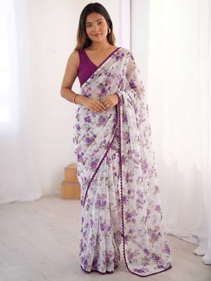 Purple heavy chiffon printed lace border saree with blouse 1