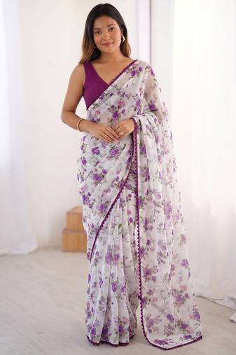Purple heavy chiffon printed lace border saree with blouse