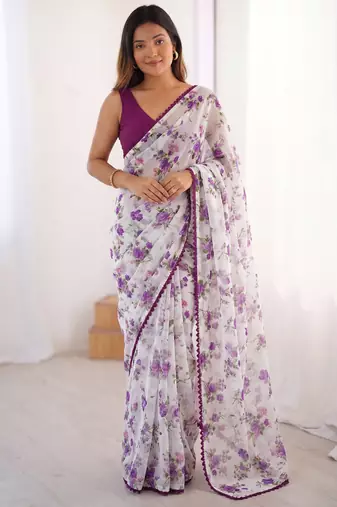 Purple heavy chiffon printed lace border saree with blouse