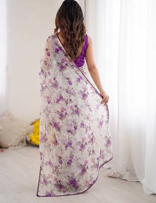 Purple heavy chiffon printed lace border saree with blouse 2