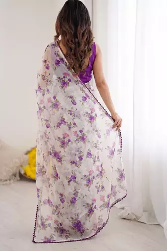 Purple heavy chiffon printed lace border saree with blouse