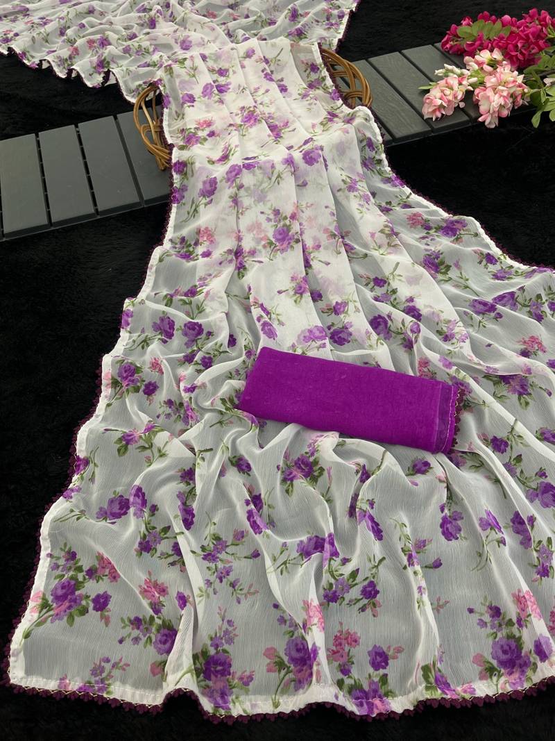 Purple heavy chiffon printed lace border saree with blouse