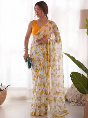 Yellow heavy chiffon printed lace border saree with blouse 1