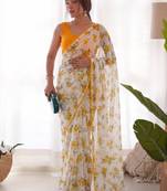 Yellow heavy chiffon printed lace border saree with blouse