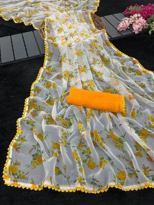 Yellow heavy chiffon printed lace border saree with blouse 5