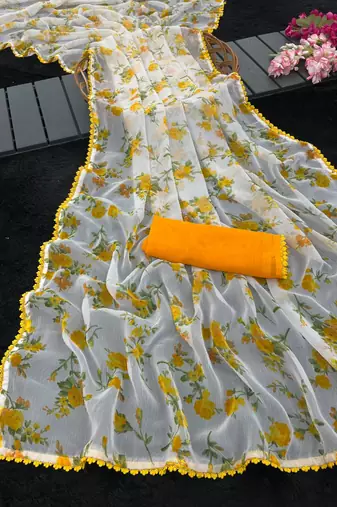 Yellow heavy chiffon printed lace border saree with blouse