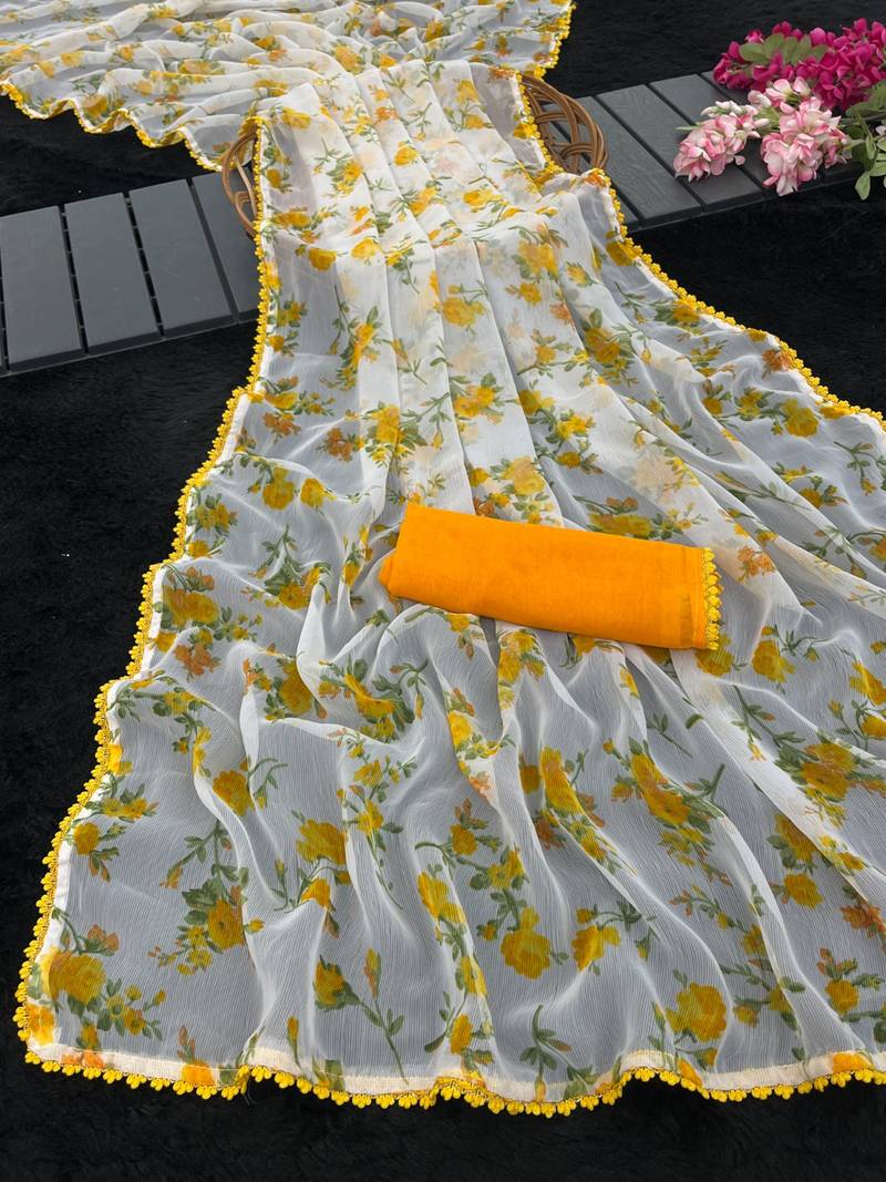 Yellow heavy chiffon printed lace border saree with blouse