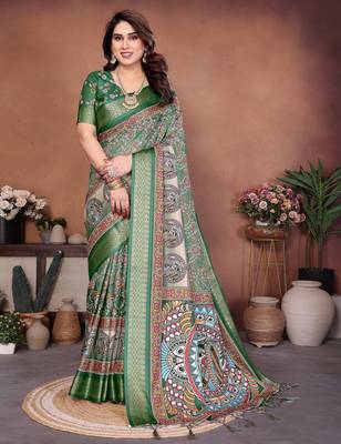 Heavy rich cotton silk digitalprint & jequared rich heavy border with fancy tassel with jacqurd blouse 1