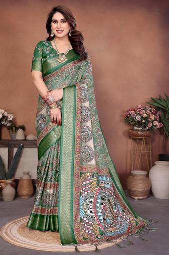 Heavy rich cotton silk digitalprint & jequared rich heavy border with fancy tassel with jacqurd blouse